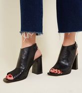 Black Premium Leather Peep Toe Heels New Look