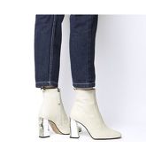 Office Aries- Block Heel Square Toe Boot OFF WHTE LEATHER SNAKE SILVER MIX HEEL