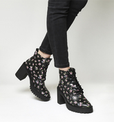 Office Lemonade Lace Up Chunky Boots BLACK FLORAL