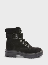 Womens Bright Black Buckle Hiker Boots, BLACK